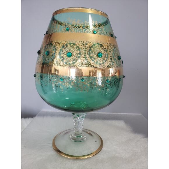 LARGE Vintage Jeweled Empoli Brandy Snifter Vase Gold Green Gilded Bohemian‎ - Picture 8 of 8